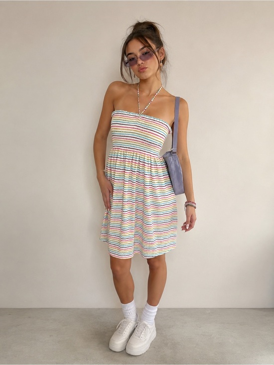 Old Navy Dresses & Skirts - Vintage Y2K Old Navy Rainbow Stripe Smocked Halter Mini Dress Cottagecore M